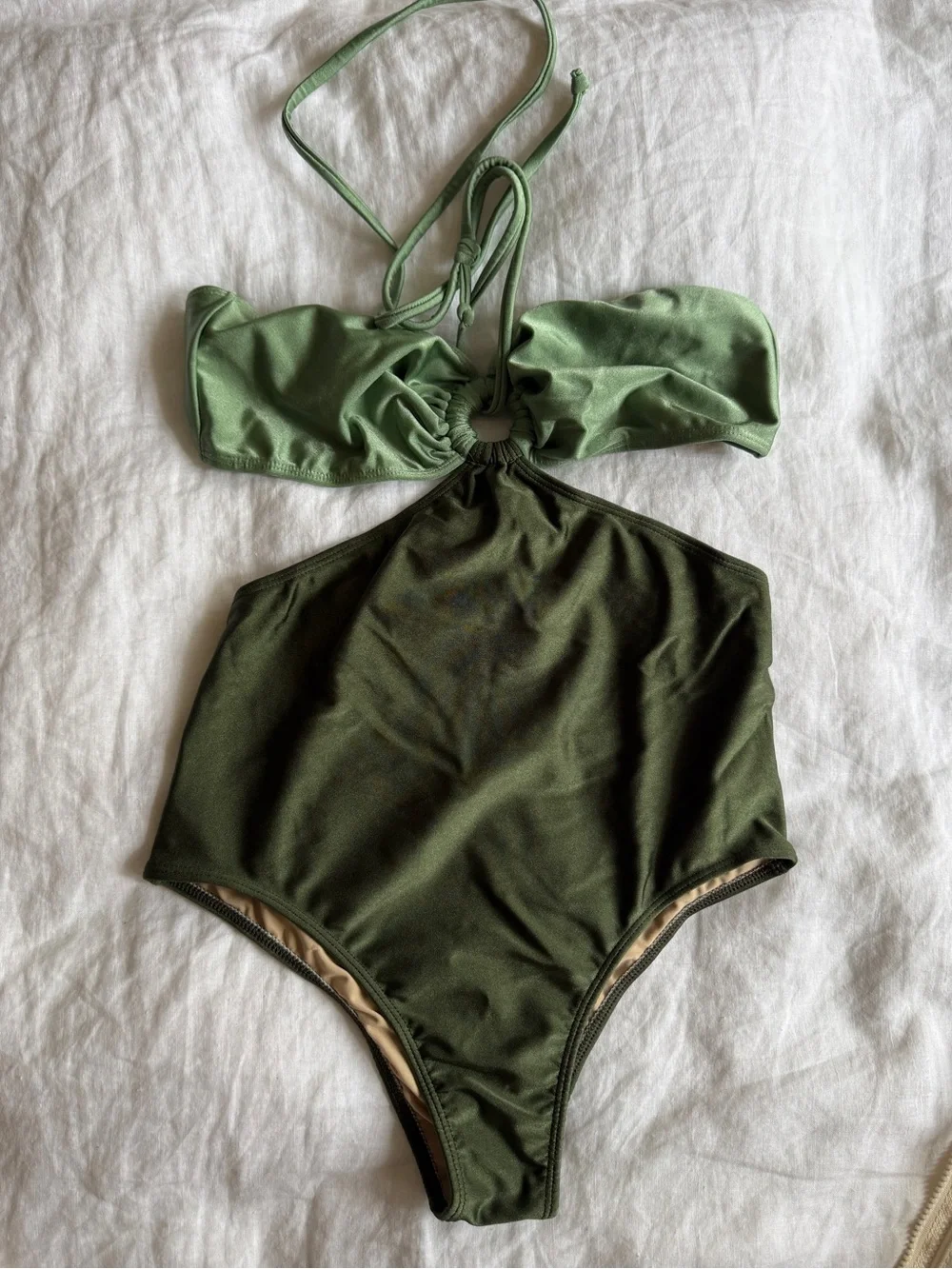 Olive Green Cutout One-Piece Swimsuit with Halter Tie